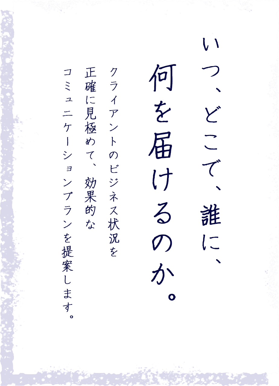 いつ、どこで、誰に、何を届けるのか。クライアントのビジネス状況を正確に見極めて、効果的なコミュニケーションプランを提供します。